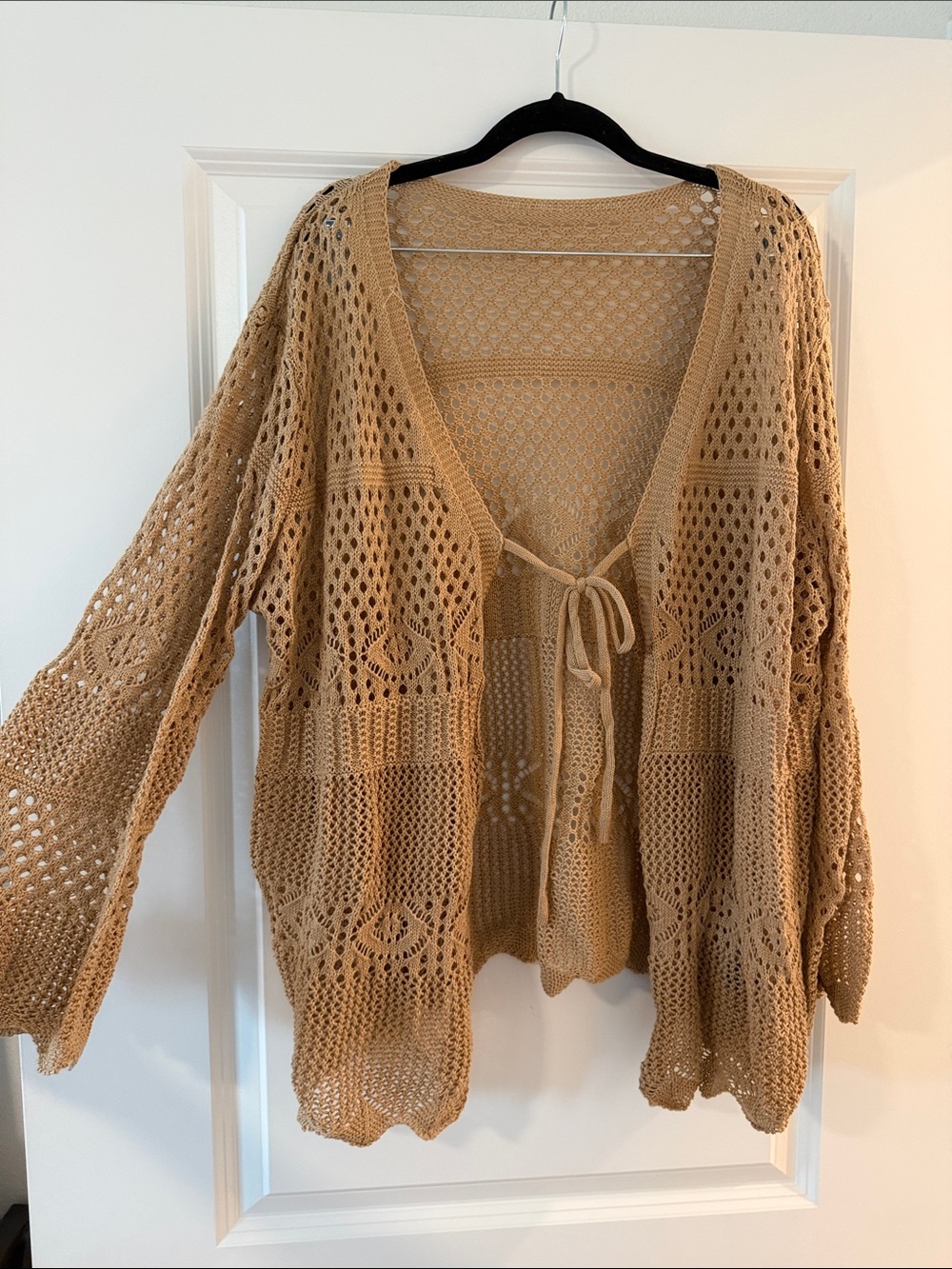 SHEIN Open-Knit Tie-Front Cardigan - Camel Brown